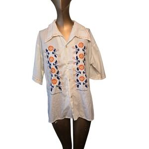 Vintage‎ 70s Orange And Navy Short Sleeve Collared embroidered Button Up Blouse